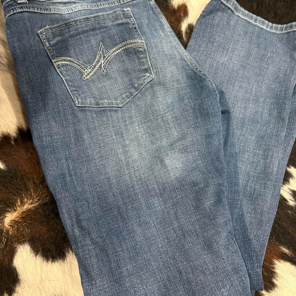 Wrangler Blue Straight Leg Jeans with Distressed Finish